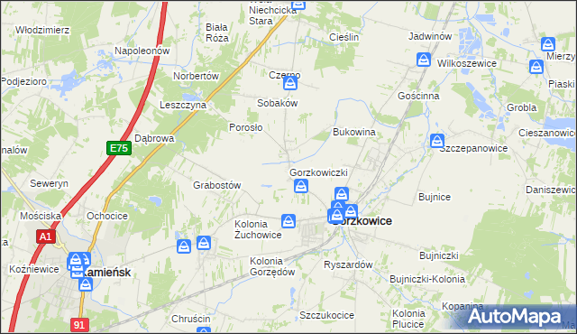 mapa Gorzkowiczki, Gorzkowiczki na mapie Targeo