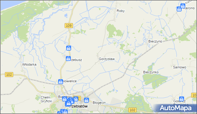 mapa Gorzysław gmina Trzebiatów, Gorzysław gmina Trzebiatów na mapie Targeo