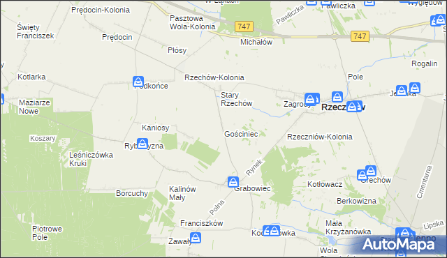 mapa Gościniec gmina Rzeczniów, Gościniec gmina Rzeczniów na mapie Targeo
