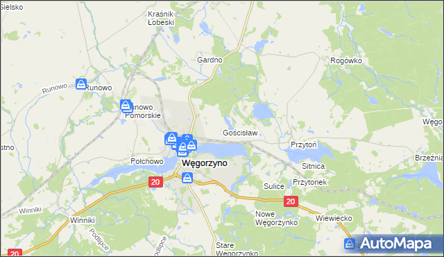 mapa Gościsław gmina Węgorzyno, Gościsław gmina Węgorzyno na mapie Targeo
