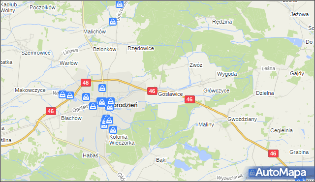 mapa Gosławice gmina Dobrodzień, Gosławice gmina Dobrodzień na mapie Targeo