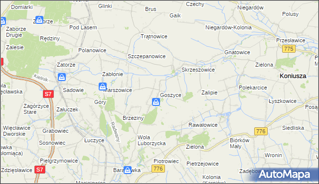 mapa Goszyce gmina Kocmyrzów-Luborzyca, Goszyce gmina Kocmyrzów-Luborzyca na mapie Targeo