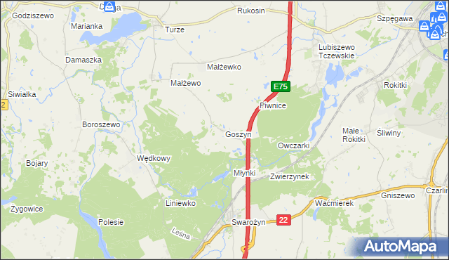 mapa Goszyn gmina Tczew, Goszyn gmina Tczew na mapie Targeo