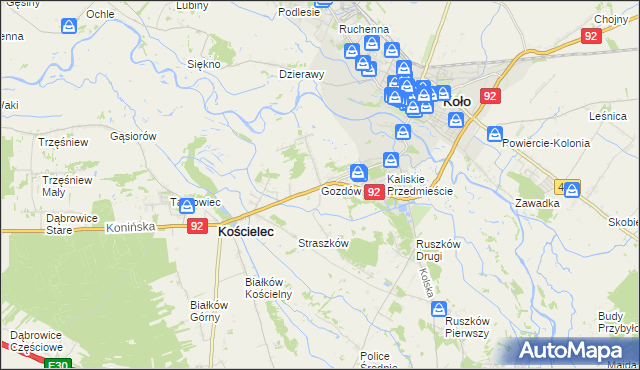 mapa Gozdów gmina Kościelec, Gozdów gmina Kościelec na mapie Targeo