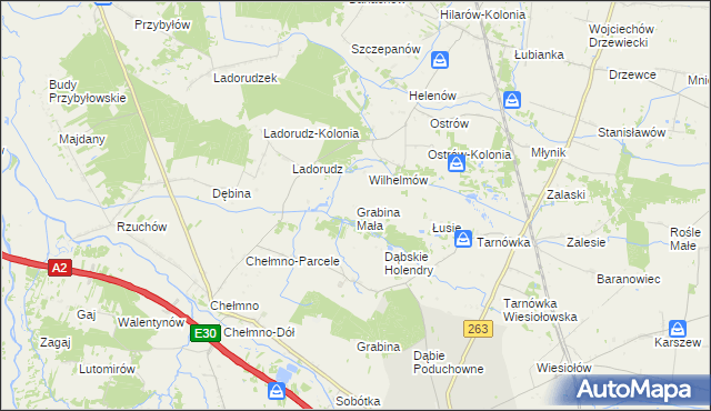 mapa Grabina Mała gmina Dąbie, Grabina Mała gmina Dąbie na mapie Targeo