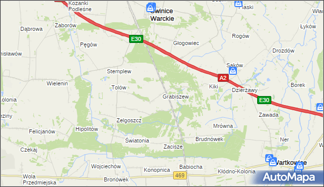 mapa Grabiszew gmina Wartkowice, Grabiszew gmina Wartkowice na mapie Targeo