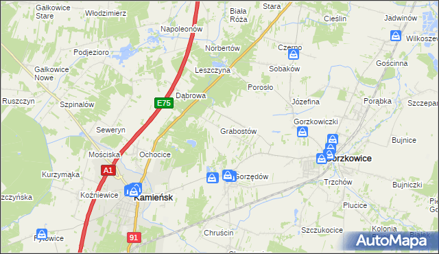 mapa Grabostów gmina Gorzkowice, Grabostów gmina Gorzkowice na mapie Targeo