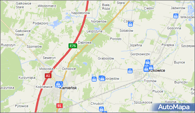 mapa Grabostów gmina Gorzkowice, Grabostów gmina Gorzkowice na mapie Targeo