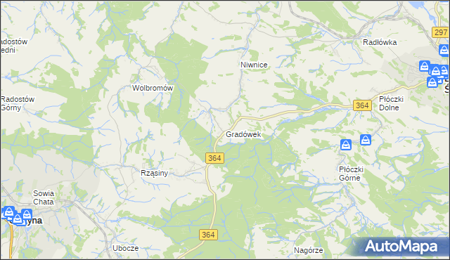 mapa Gradówek gmina Lwówek Śląski, Gradówek gmina Lwówek Śląski na mapie Targeo
