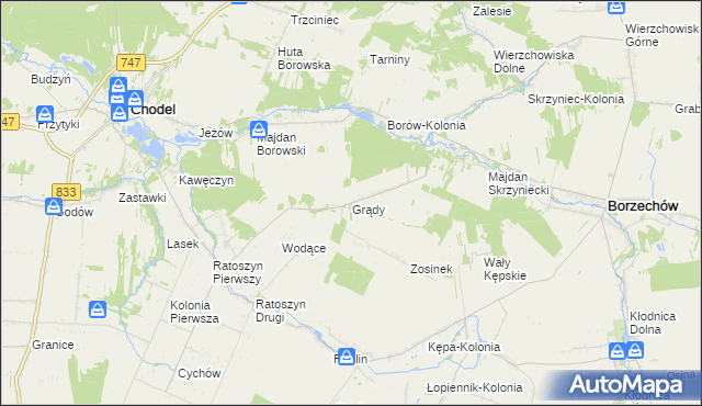 mapa Grądy gmina Chodel, Grądy gmina Chodel na mapie Targeo