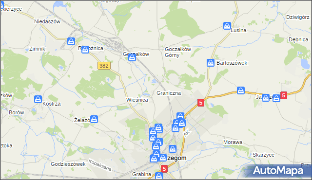 mapa Graniczna gmina Strzegom, Graniczna gmina Strzegom na mapie Targeo