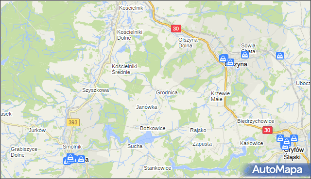 mapa Grodnica gmina Olszyna, Grodnica gmina Olszyna na mapie Targeo