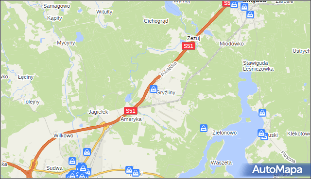 mapa Gryźliny gmina Stawiguda, Gryźliny gmina Stawiguda na mapie Targeo