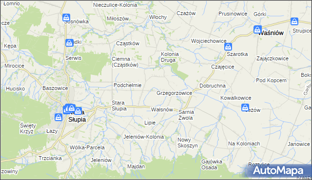 mapa Grzegorzowice gmina Waśniów, Grzegorzowice gmina Waśniów na mapie Targeo