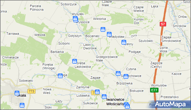 mapa Grzegorzowice Małe, Grzegorzowice Małe na mapie Targeo