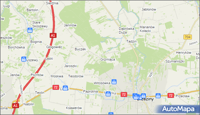 mapa Grzmiąca gmina Brzeziny, Grzmiąca gmina Brzeziny na mapie Targeo