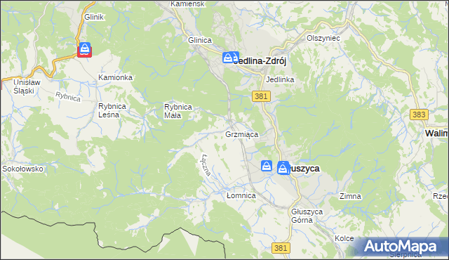 mapa Grzmiąca gmina Głuszyca, Grzmiąca gmina Głuszyca na mapie Targeo