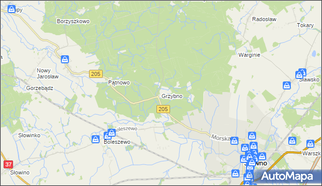 mapa Grzybno gmina Sławno, Grzybno gmina Sławno na mapie Targeo