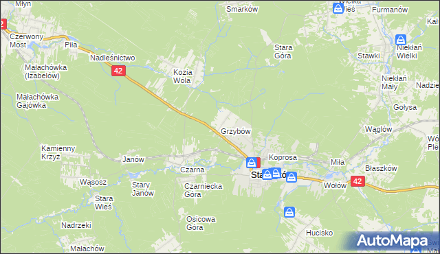 mapa Grzybów gmina Stąporków, Grzybów gmina Stąporków na mapie Targeo