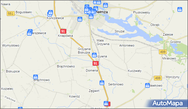 mapa Grzywna gmina Chełmża, Grzywna gmina Chełmża na mapie Targeo