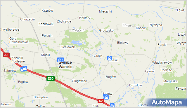 mapa Gusin gmina Świnice Warckie, Gusin gmina Świnice Warckie na mapie Targeo