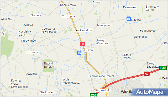 mapa Guzów gmina Wiskitki, Guzów gmina Wiskitki na mapie Targeo