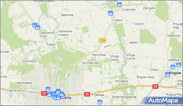 mapa Henryków gmina Brzeziny, Henryków gmina Brzeziny na mapie Targeo