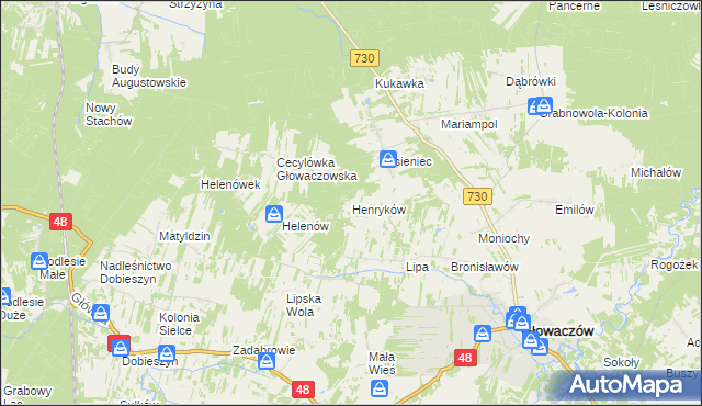 mapa Henryków gmina Głowaczów, Henryków gmina Głowaczów na mapie Targeo