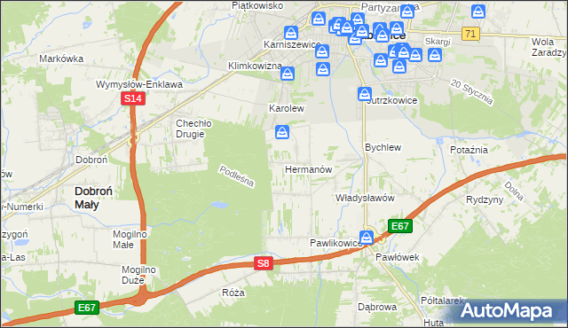 mapa Hermanów gmina Pabianice, Hermanów gmina Pabianice na mapie Targeo