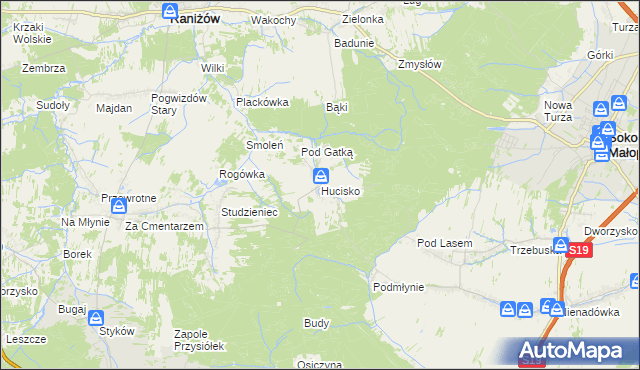 mapa Hucisko gmina Głogów Małopolski, Hucisko gmina Głogów Małopolski na mapie Targeo