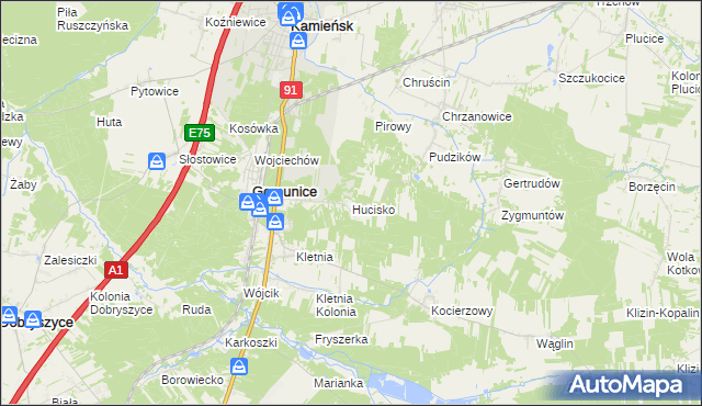 mapa Hucisko gmina Gomunice, Hucisko gmina Gomunice na mapie Targeo
