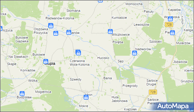 mapa Hucisko gmina Słupia Konecka, Hucisko gmina Słupia Konecka na mapie Targeo