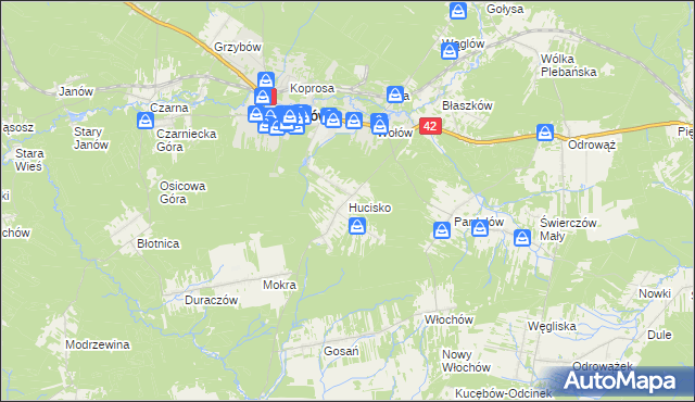 mapa Hucisko gmina Stąporków, Hucisko gmina Stąporków na mapie Targeo