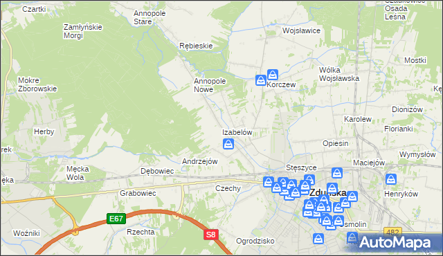 mapa Izabelów gmina Zduńska Wola, Izabelów gmina Zduńska Wola na mapie Targeo