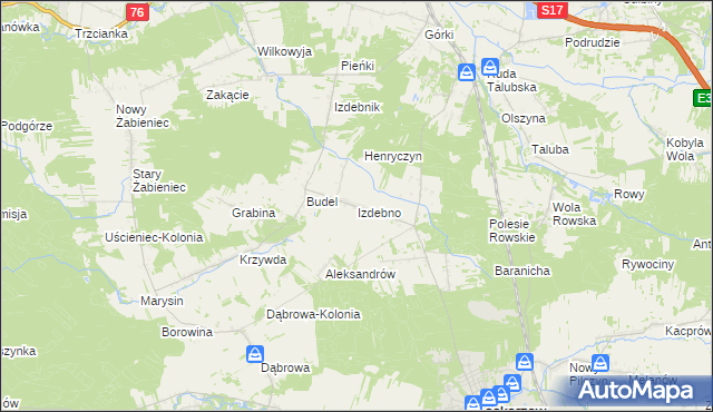 mapa Izdebno gmina Łaskarzew, Izdebno gmina Łaskarzew na mapie Targeo