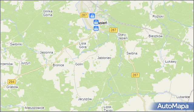 mapa Jabłoniec gmina Jasień, Jabłoniec gmina Jasień na mapie Targeo