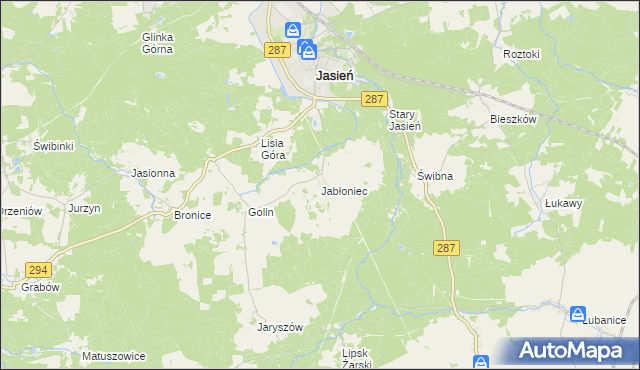 mapa Jabłoniec gmina Jasień, Jabłoniec gmina Jasień na mapie Targeo