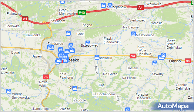 mapa Jadowniki gmina Brzesko, Jadowniki gmina Brzesko na mapie Targeo