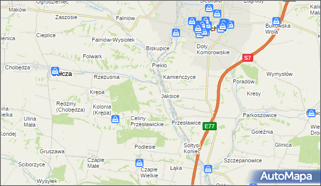 mapa Jaksice gmina Miechów, Jaksice gmina Miechów na mapie Targeo