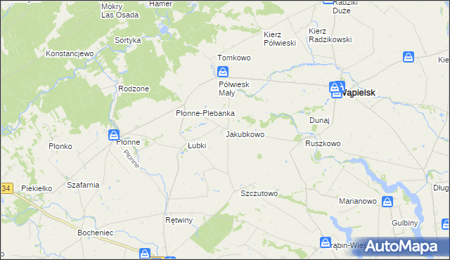 mapa Jakubkowo gmina Radomin, Jakubkowo gmina Radomin na mapie Targeo