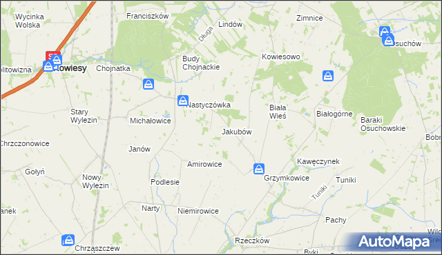 mapa Jakubów gmina Kowiesy, Jakubów gmina Kowiesy na mapie Targeo