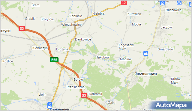 mapa Jakubów gmina Radwanice, Jakubów gmina Radwanice na mapie Targeo