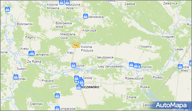 mapa Jakubowice gmina Kluczewsko, Jakubowice gmina Kluczewsko na mapie Targeo