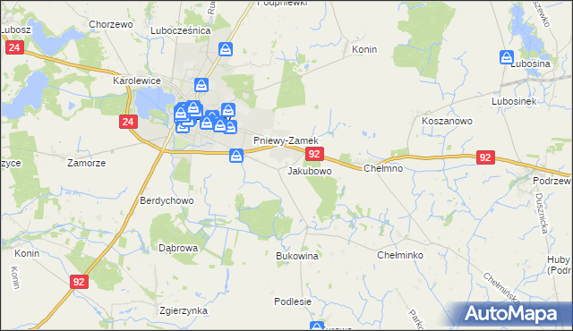 mapa Jakubowo gmina Pniewy, Jakubowo gmina Pniewy na mapie Targeo