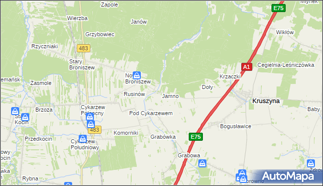mapa Jamno gmina Mykanów, Jamno gmina Mykanów na mapie Targeo