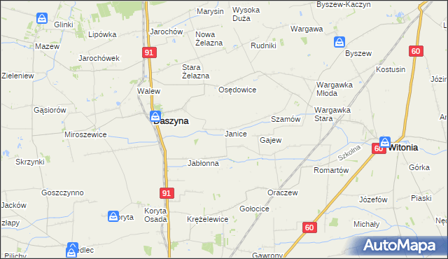 mapa Janice gmina Daszyna, Janice gmina Daszyna na mapie Targeo