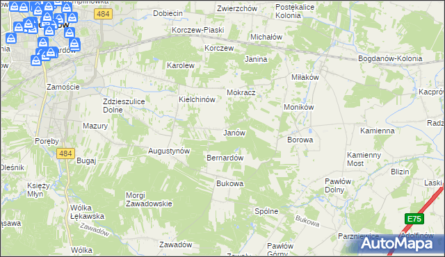 mapa Janów gmina Bełchatów, Janów gmina Bełchatów na mapie Targeo