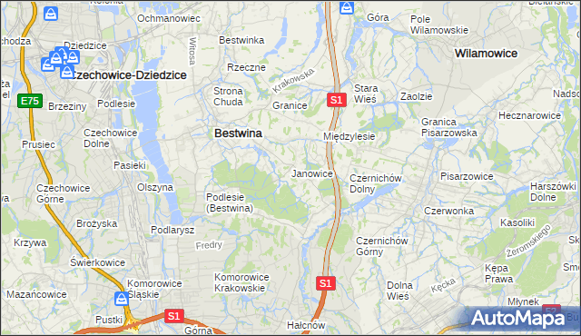 mapa Janowice gmina Bestwina, Janowice gmina Bestwina na mapie Targeo