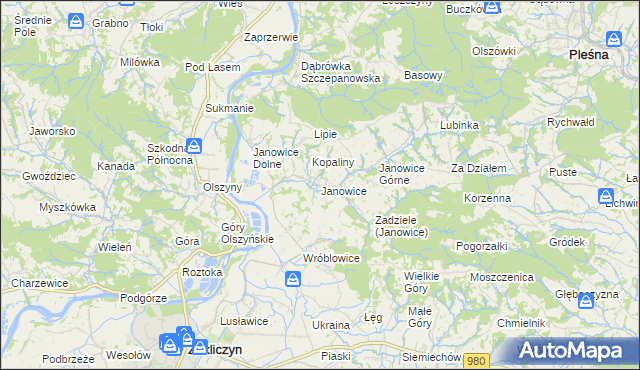 mapa Janowice gmina Pleśna, Janowice gmina Pleśna na mapie Targeo