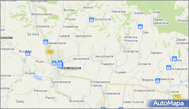 mapa Januszowice gmina Działoszyce, Januszowice gmina Działoszyce na mapie Targeo